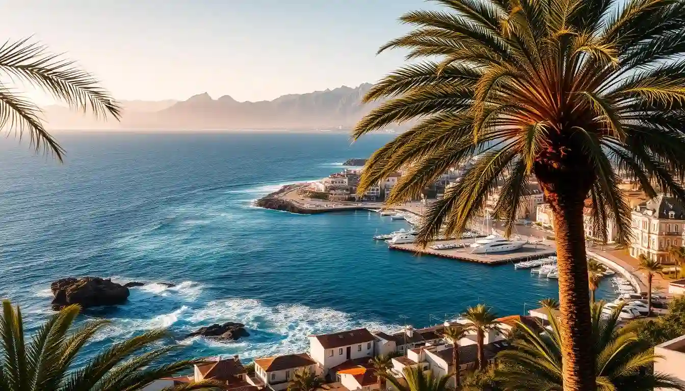 Vista panorámica costera con palmeras y hoteles perfecta para ofertas viaje a Tenerife todo incluido.