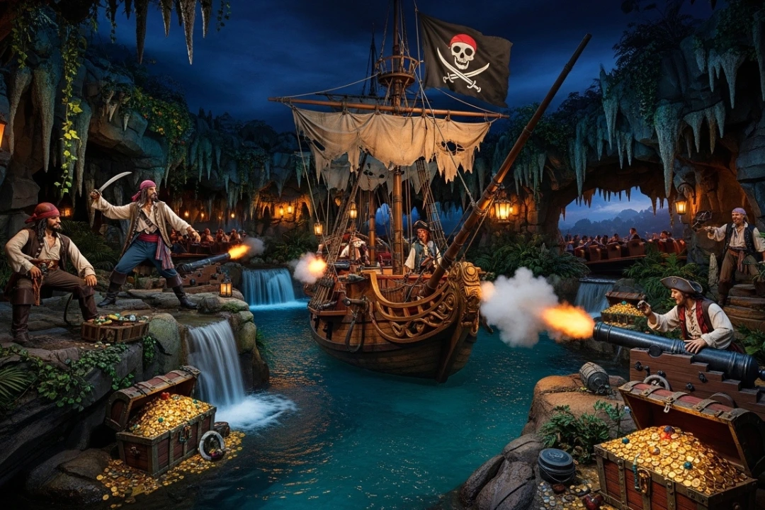 Piratas luchando en un barco y cuevas con tesoros, una de las mejores atracciones en Disneyland Paris