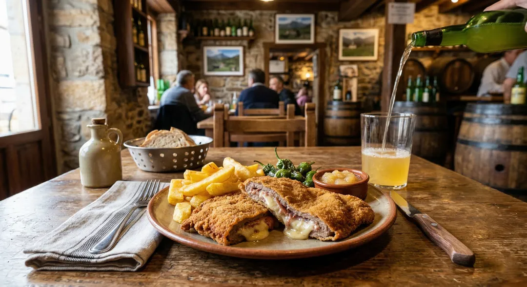 Cachopo asturiano en sidrería local, experiencia gastronómica incluida en viaje a Asturias todo incluido