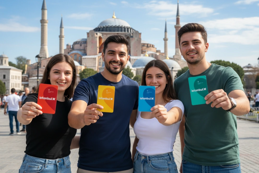 Jóvenes con tarjetas de transporte frente a Santa Sofía, solución ideal sobre cómo moverse por Estambul.