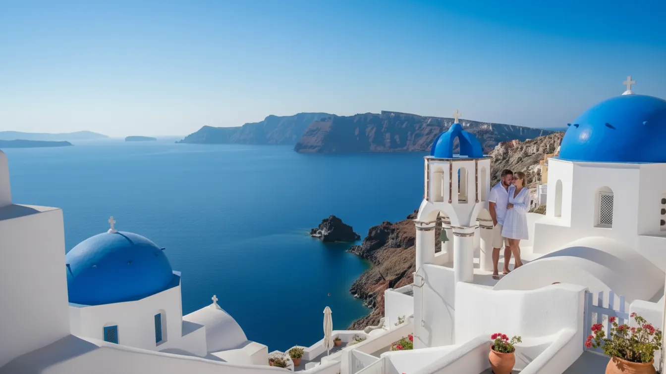Pareja en las cúpulas azules de Oia durante su Crucero por las Islas Griegas Todo Incluido desde sevilla.