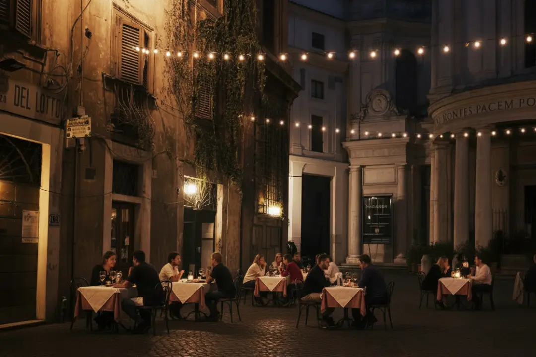 Parejas cenando en mesas de restaurante al aire libre bajo luces en una plaza donde cenar en Roma de noche.