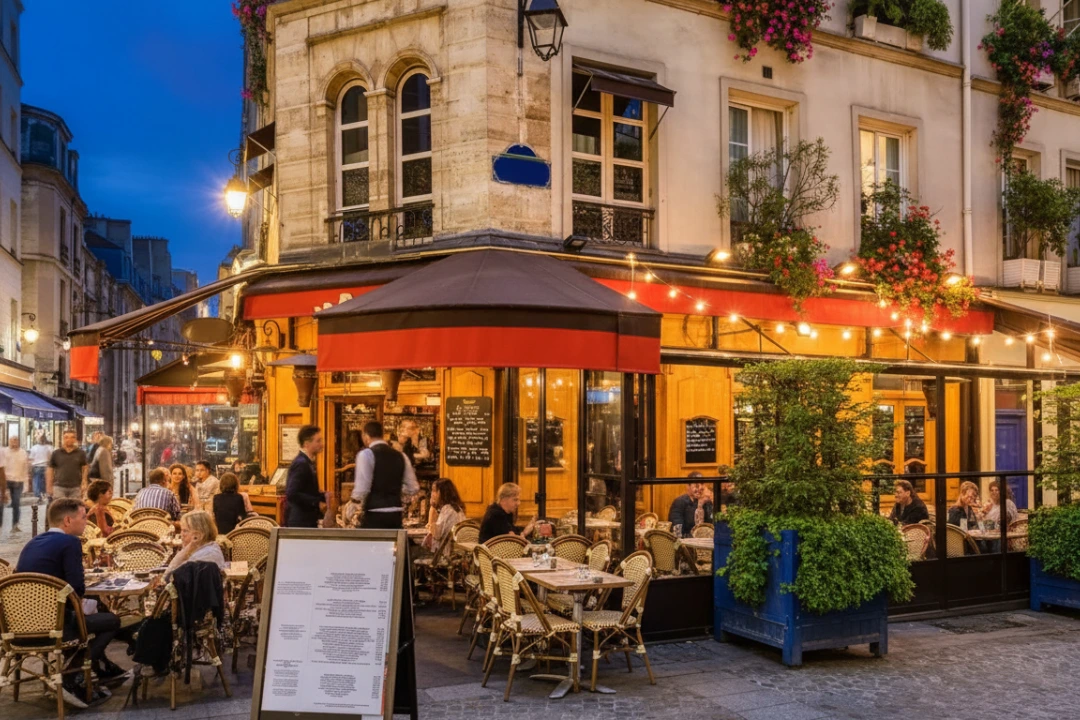 Terraza de bistró parisino llena de clientes al anochecer, opción ideal de dónde comer en París bien y barato.