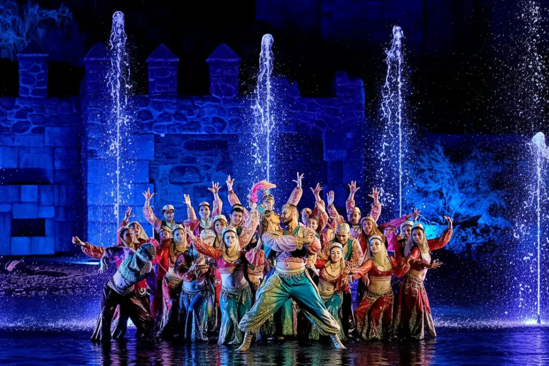Elenco de bailarines con vestimentas tradicionales árabes actuando entre fuentes iluminadas en mejores espectáculos puy du fou.