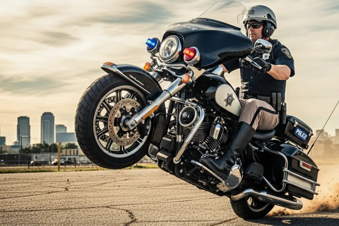 Especialista de la loca academia de policía realizando una acrobacia en moto para las mejores atracciones Warner Madrid