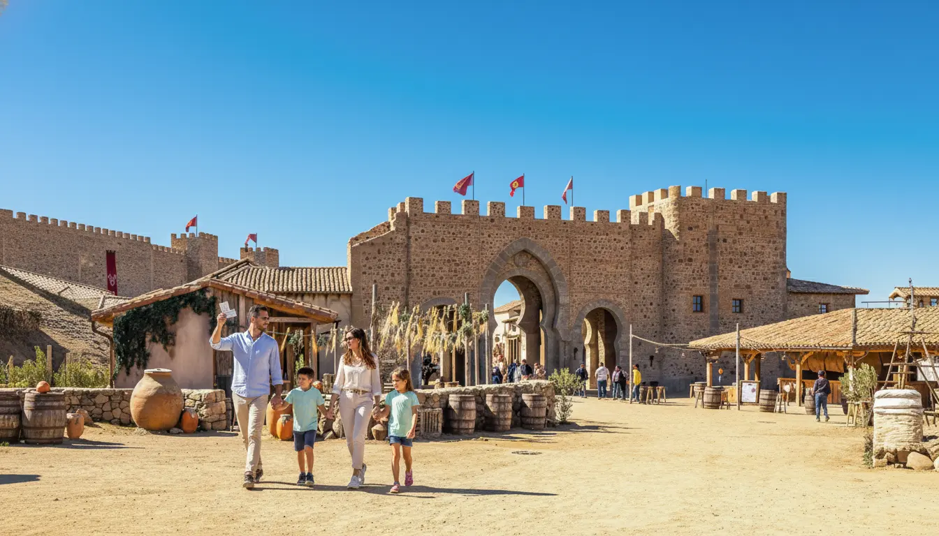 Familia caminando frente a la muralla medieval preguntando donde comprar entradas para puy du fou en el parque histórico de Toledo.