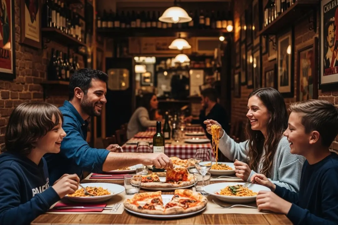 Familia disfrutando de pizza y pasta artesanal en una de las mejores pizzerías en Roma con ambiente acogedor