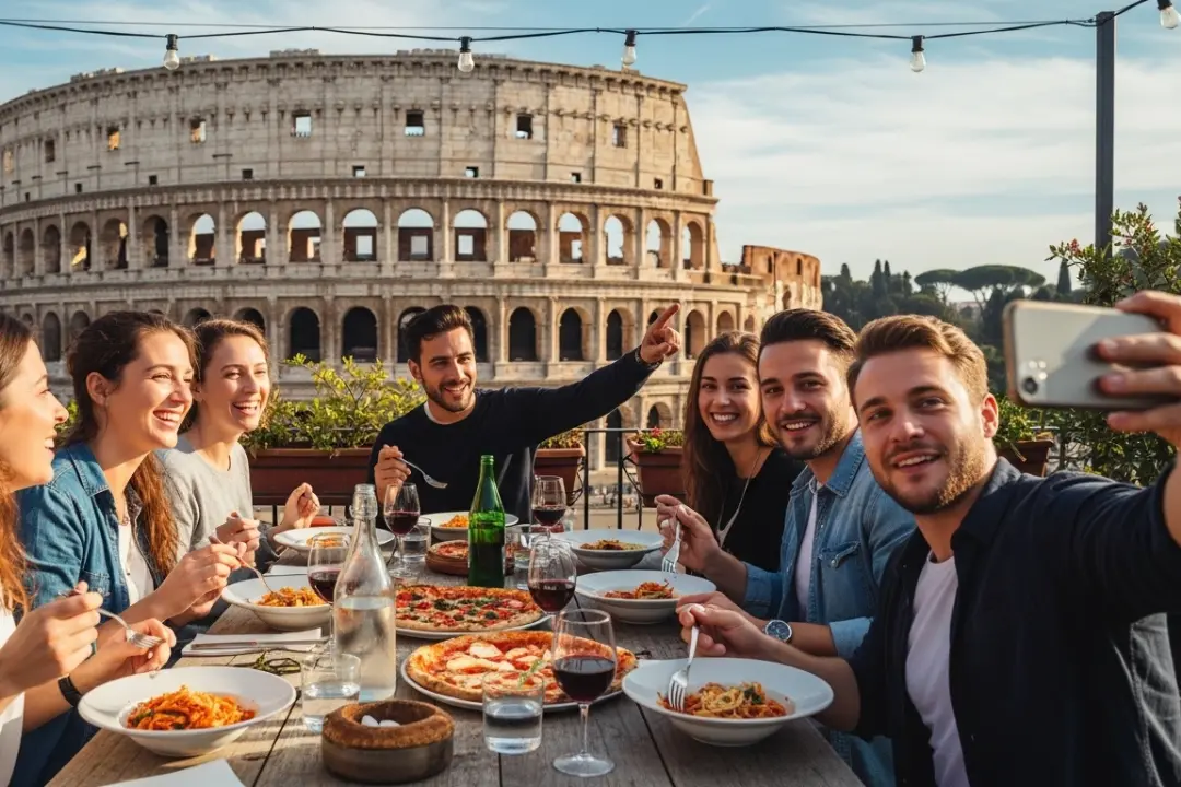 Grupo de amigos disfrutando pizza y pasta frente al Coliseo, uno de los mejores sitios para comer en Roma con vistas.