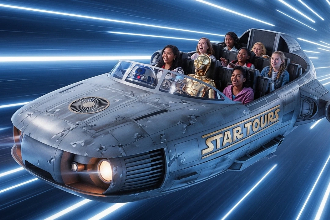 Grupo de jóvenes disfrutando en Star Tours, una de las mejores atracciones en Disneyland Paris, junto a C-3PO y R2-D2