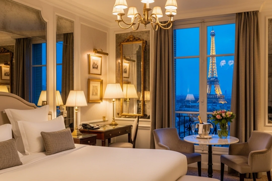 Interior de habitación con vistas, ideal para buscar hoteles baratos en París cerca de la Torre Eiffel.