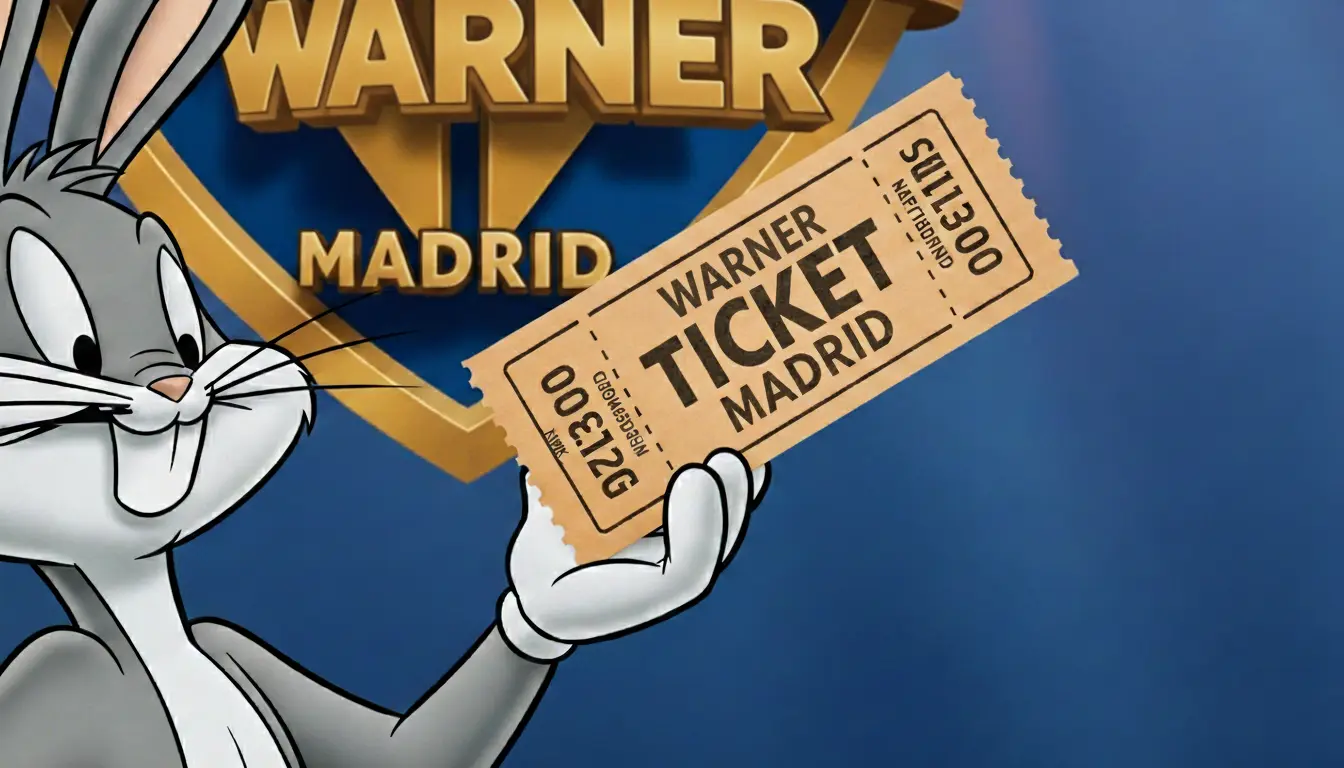Bugs Bunny sosteniendo un ticket dorado frente al logo oficial para saber donde comprar entradas para la Warner Madrid.