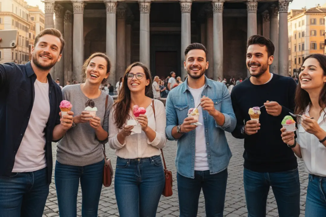 Amigos sonrientes comiendo helado artesanal frente al Panteón, uno de los mejores sitios para comer en Roma.