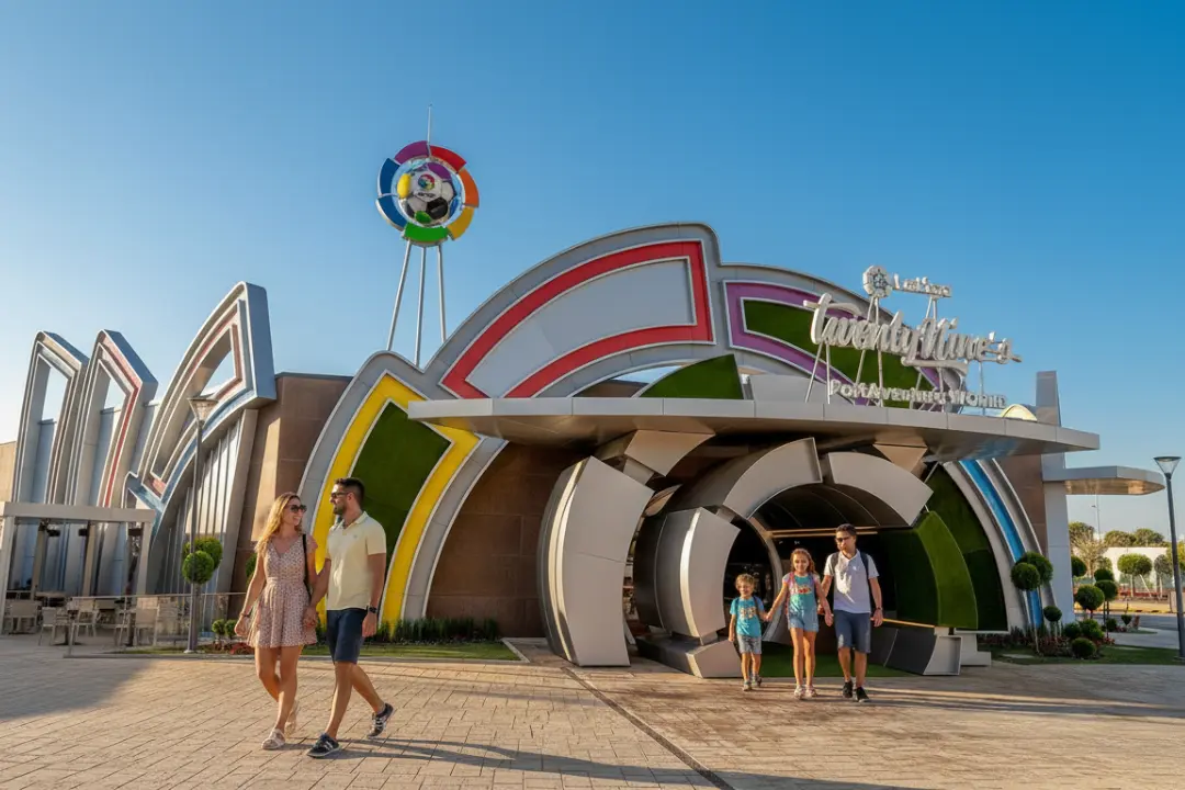 Familia y pareja caminando frente al restaurante LaLiga 29's, una opción temática donde comer en Port Aventura World.