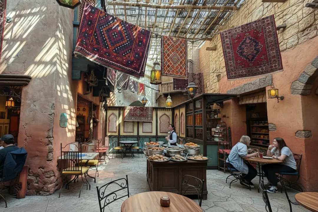 Mesas de madera y alfombras colgantes en el bazar árabe del Agrabah Café, uno de los mejores restaurantes en Disneyland Paris