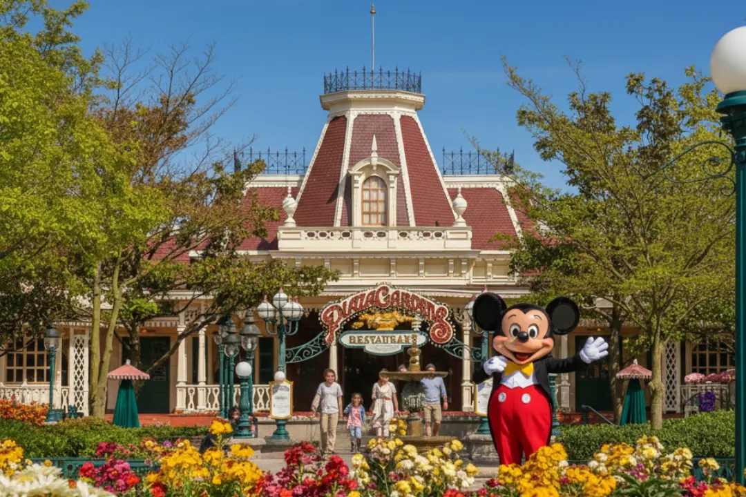 Mickey Mouse saludando frente al Plaza Gardens Restaurant, uno de los mejores restaurantes en Disneyland Paris