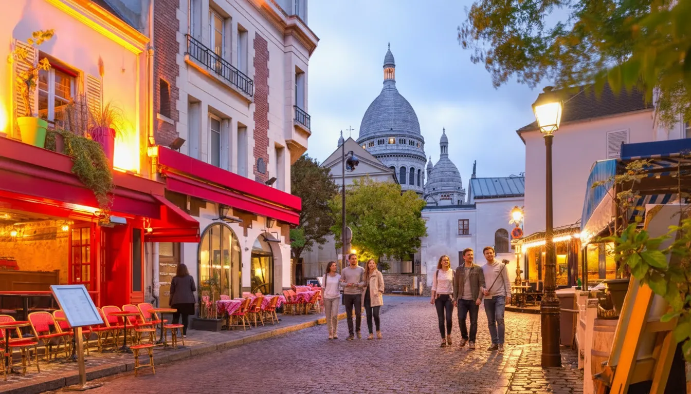 Turistas pasean por calle de París cercana a Montmartre en su viaje a París de tres días por la Agencia de Viajes La Mariquita Viajera