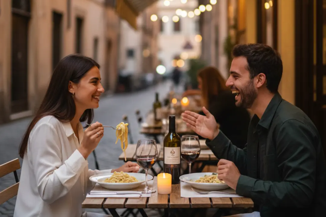 Pareja cenando pasta y vino en una terraza iluminada de una calle típica donde cenar en Roma durante la noche.