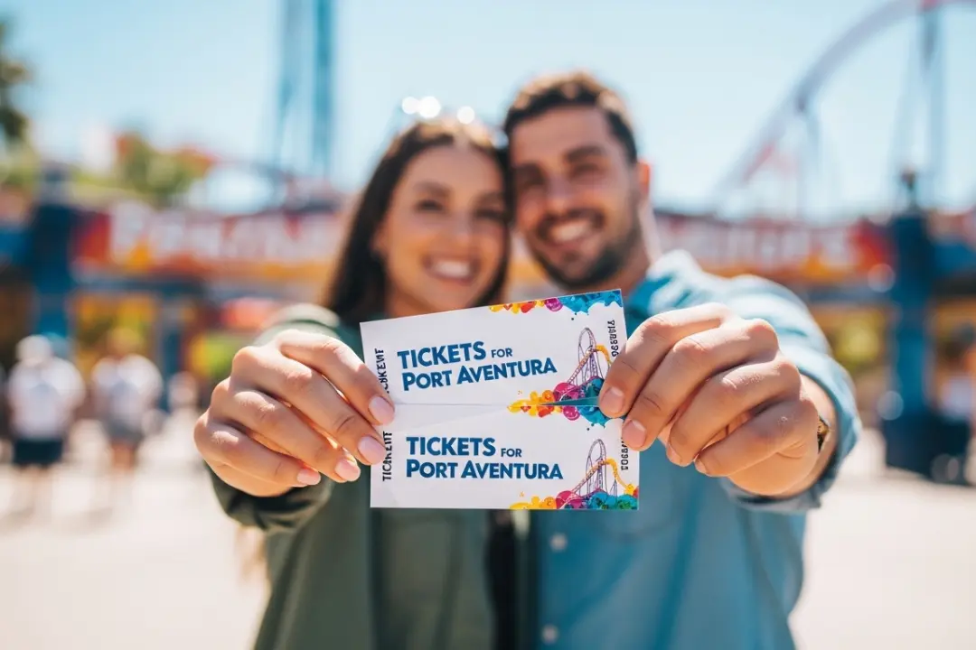 Pareja sonriente sosteniendo dos entradas para Port Aventura en primer plano con una montaña rusa de fondo.