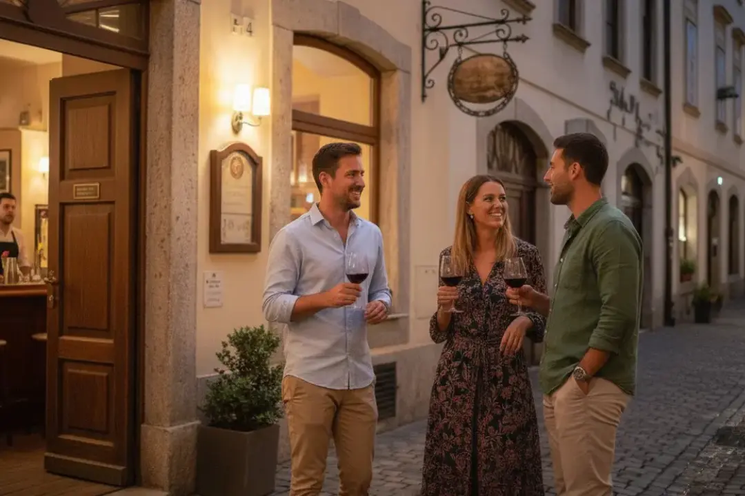 Pareja y amigo disfrutando vino tinto frente a un restaurante donde comer en Roma bien y barato.