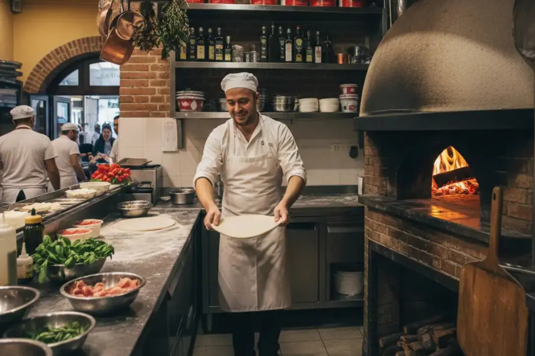 Pizzero artesano estirando masa frente a un horno de leña tradicional en una de las mejores pizzerías en Roma.