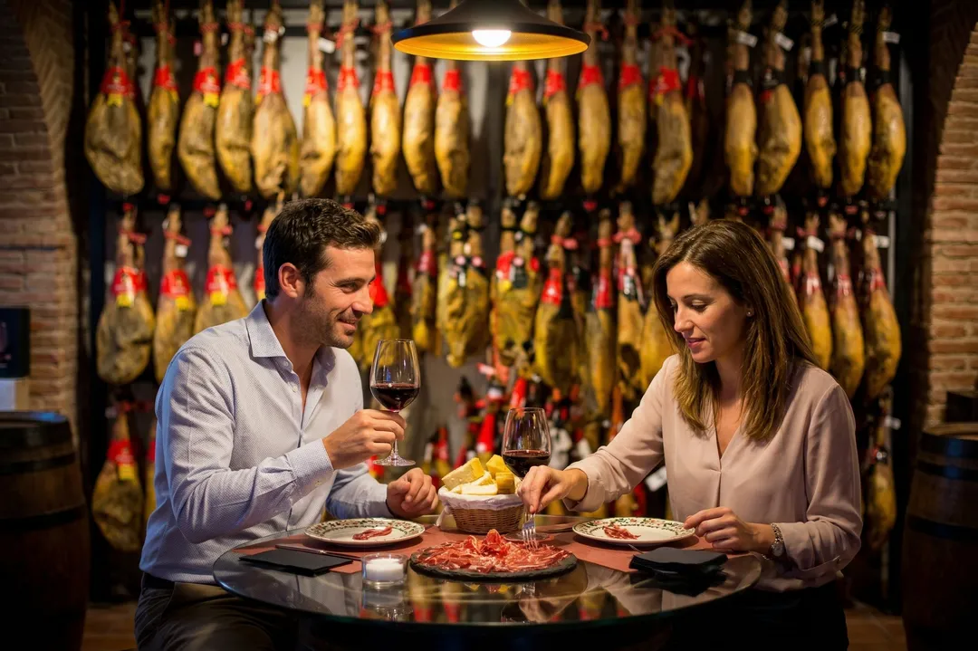 Plato típico de jamón ibérico de Guijuelo con vino de la tierra, experiencia gastronómica de un viaje a Salamanca