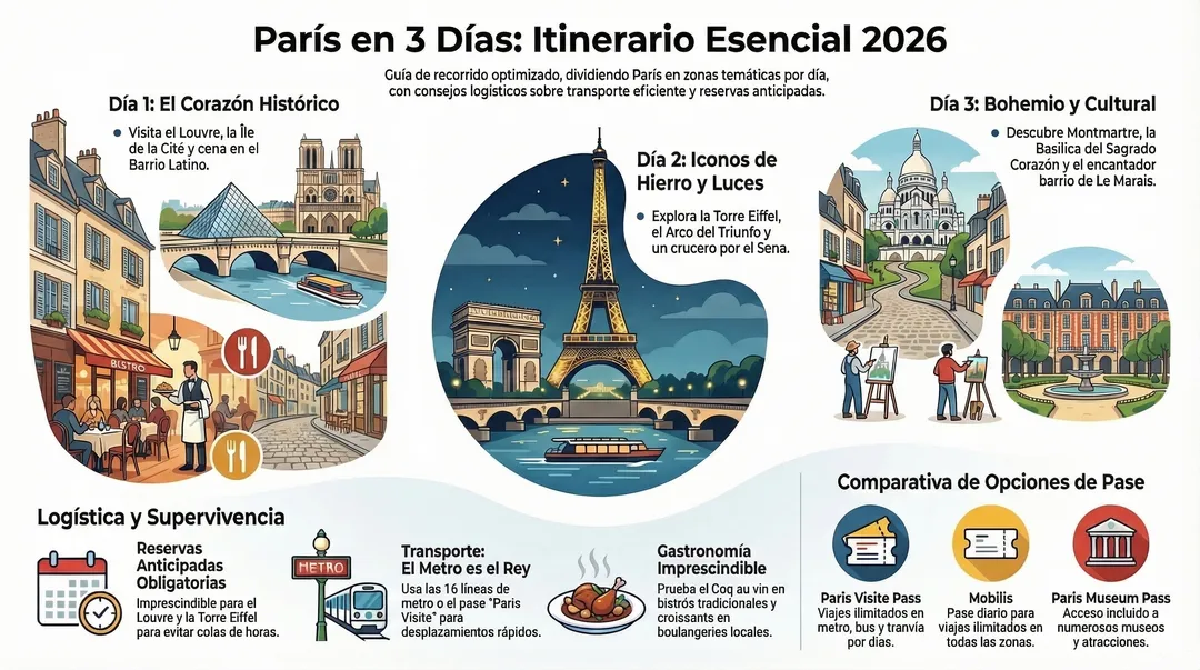 Infografía sobre qué ver en París en 3 días por la Agencia de Viajes La Mariquita Viajera