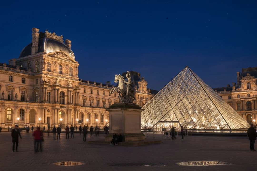 Pirámide del Louvre iluminada de noche, lugar clave de qué ver en París en 3 días.