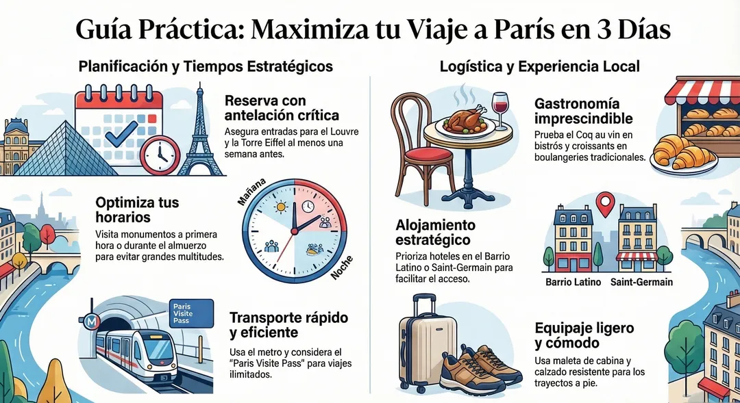 Infografía de Recomendaciones para aprovechar tu viaje a París en tres días por la Agencia de Viajes La Mariquita Viajera