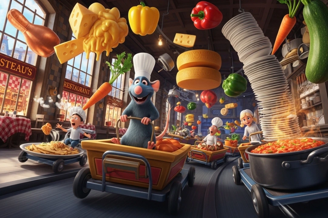 Remy y otros personajes en carritos de cocina de Ratatouille L’Aventure Totalement Toquée, una de las mejores atracciones en Disneyland Paris