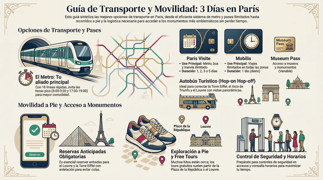 Infografía sobre Transporte y desplazamientos en París durante tres días por la Agencia de Viajes La Mariquita Viajera