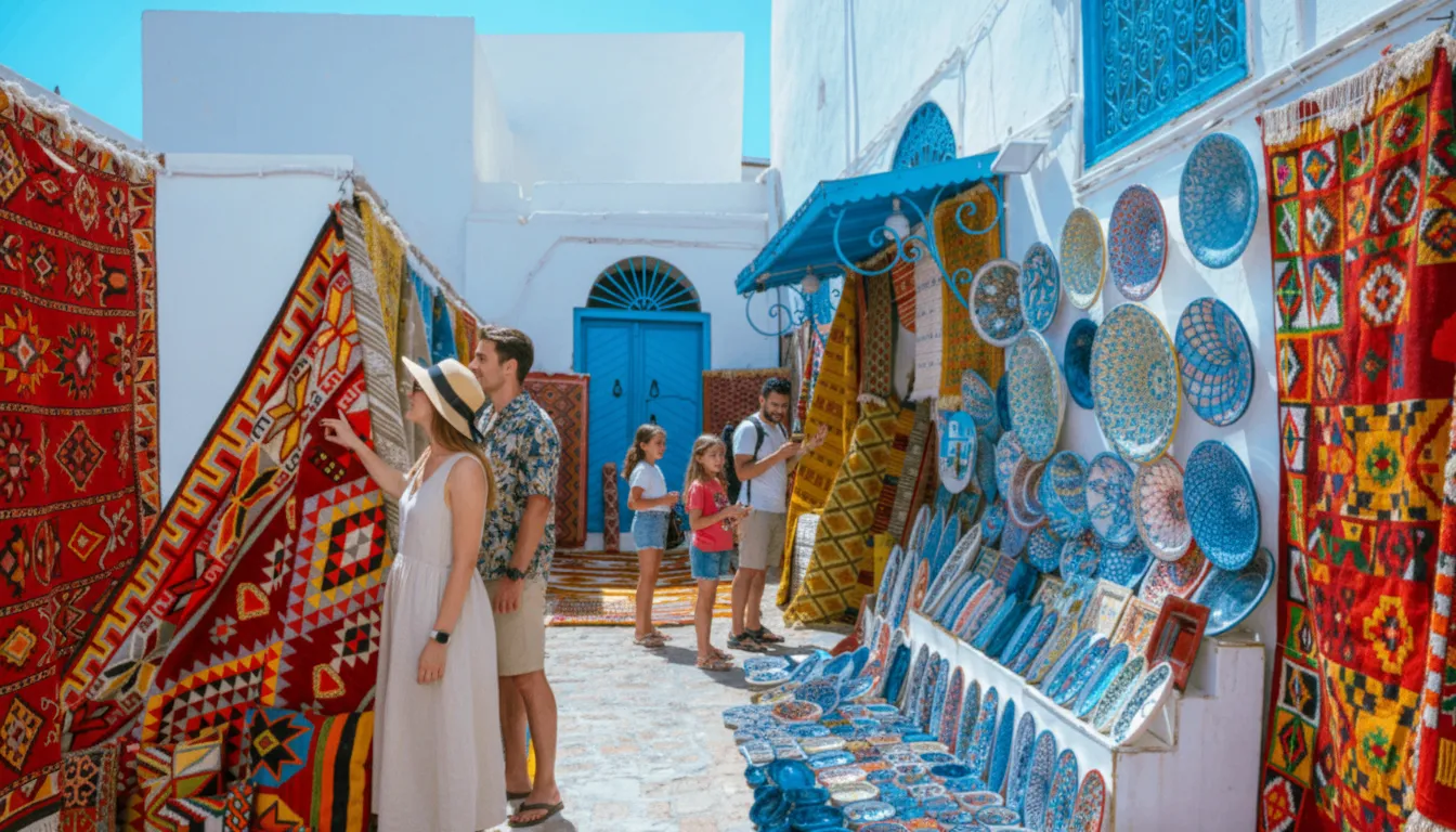 Turistas mirando alfombras y cerámica en una medina blanca durante su viaje organizado a Túnez.