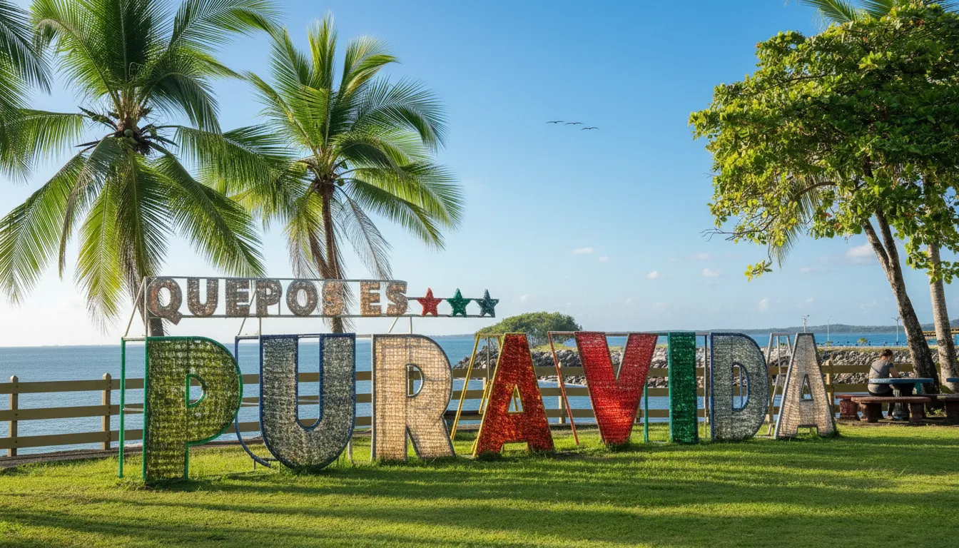 Letrero turístico de Quepos frente al mar y palmeras, destino de viaje a Costa Rica todo incluido.