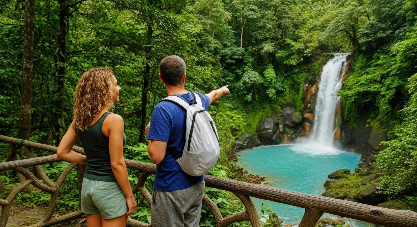 Pareja mirando una cascada en la selva tropical disfrutando su viaje a Costa Rica todo incluido.