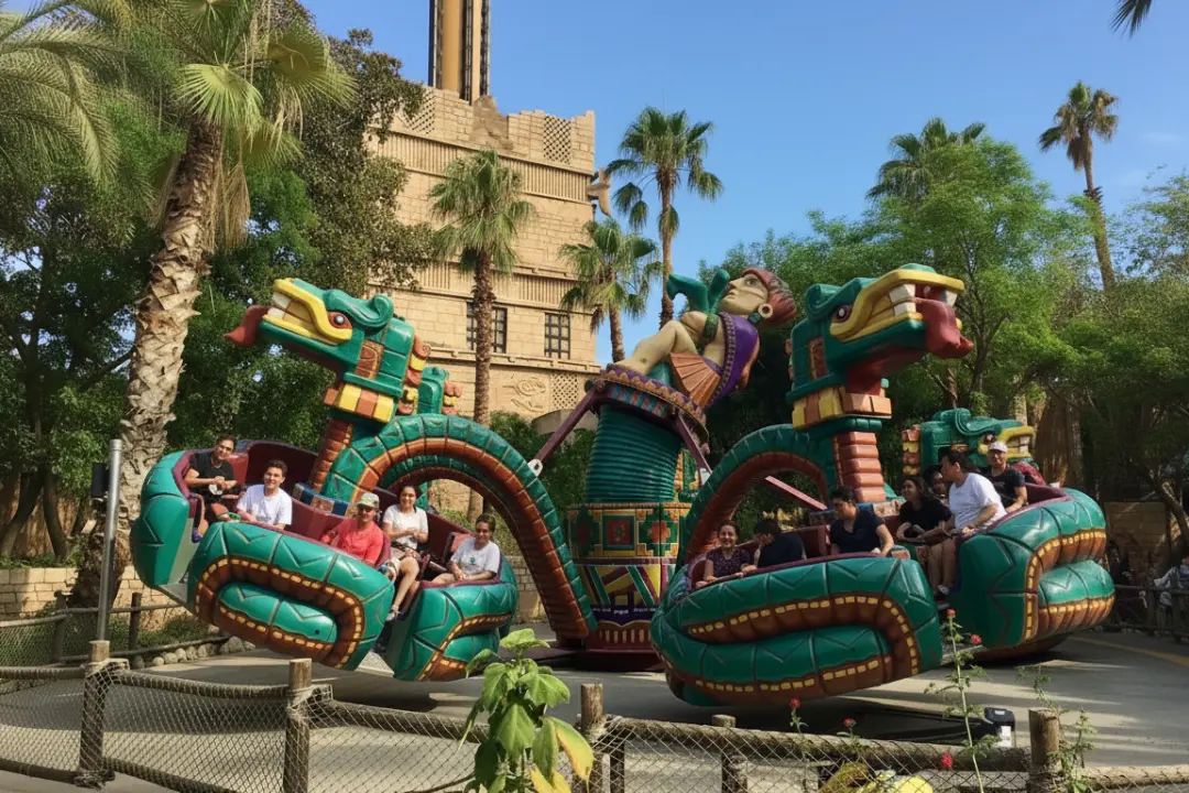 Visitantes disfrutando de Serpiente Emplumada, una de las mejores atracciones de Port Aventura con temática azteca y giros.