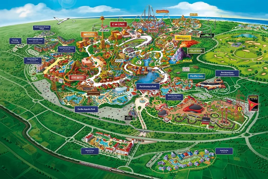 Vista del resort PortAventura World con sus hoteles temáticos