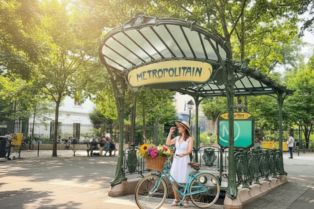 Mujer con bicicleta frente a una entrada de metro clásica, mostrando opciones sobre cómo moverse por París.