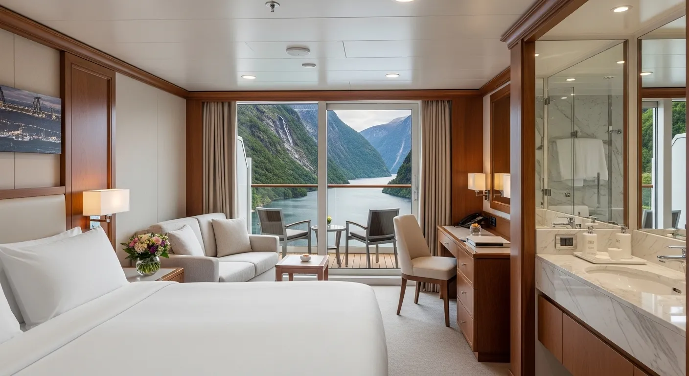 Camarote de lujo con balcón privado y vistas a las montañas en un crucero por los Fiordos Noruegos Todo Incluido.