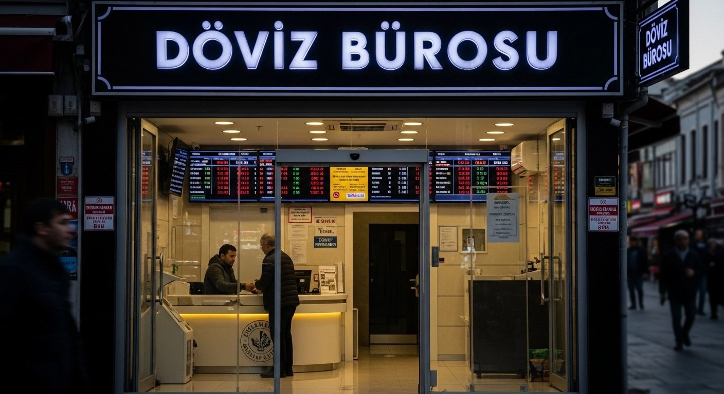 Fachada de una oficina Döviz Bürosu con pantallas de divisas, un punto confiable donde cambiar dinero en estambul.