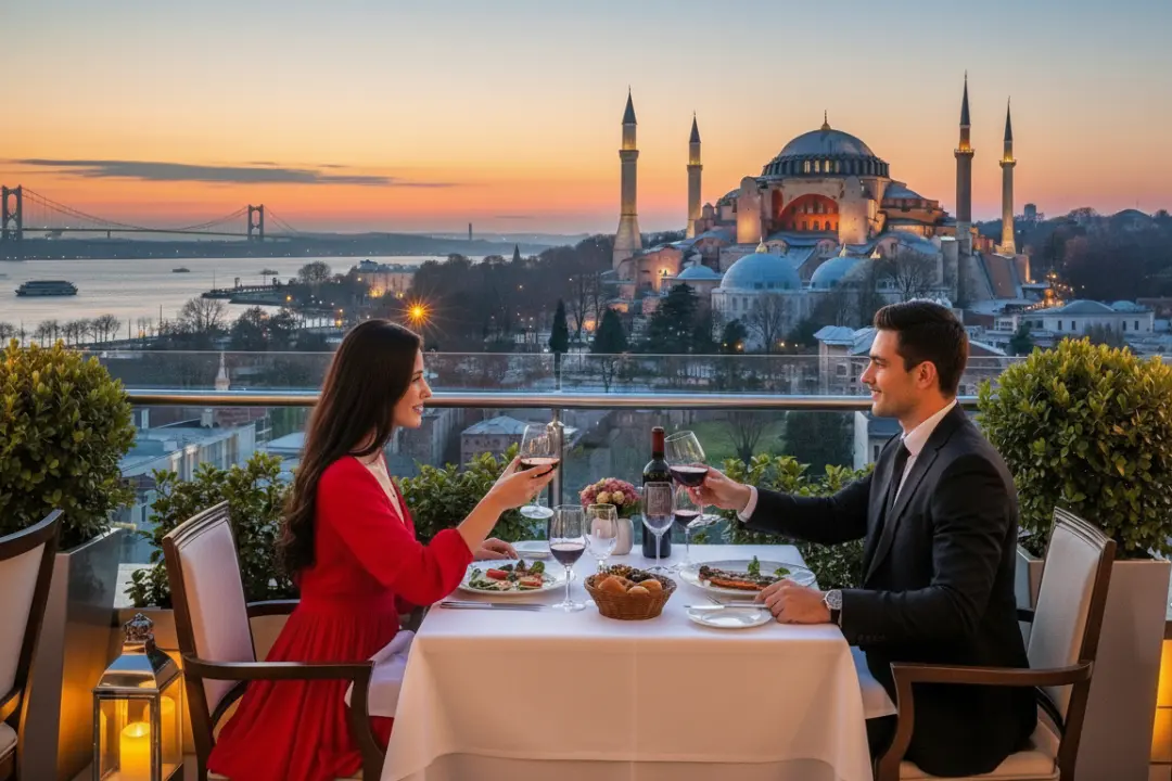 Pareja cenando en una terraza romántica frente a la Mezquita de Santa Sofía, lugar ideal donde cenar en Estambul con vistas.