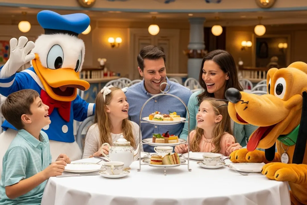 Pareja joven disfrutando de una comida temática al aire libre para decidir donde comer en disneyland paris.