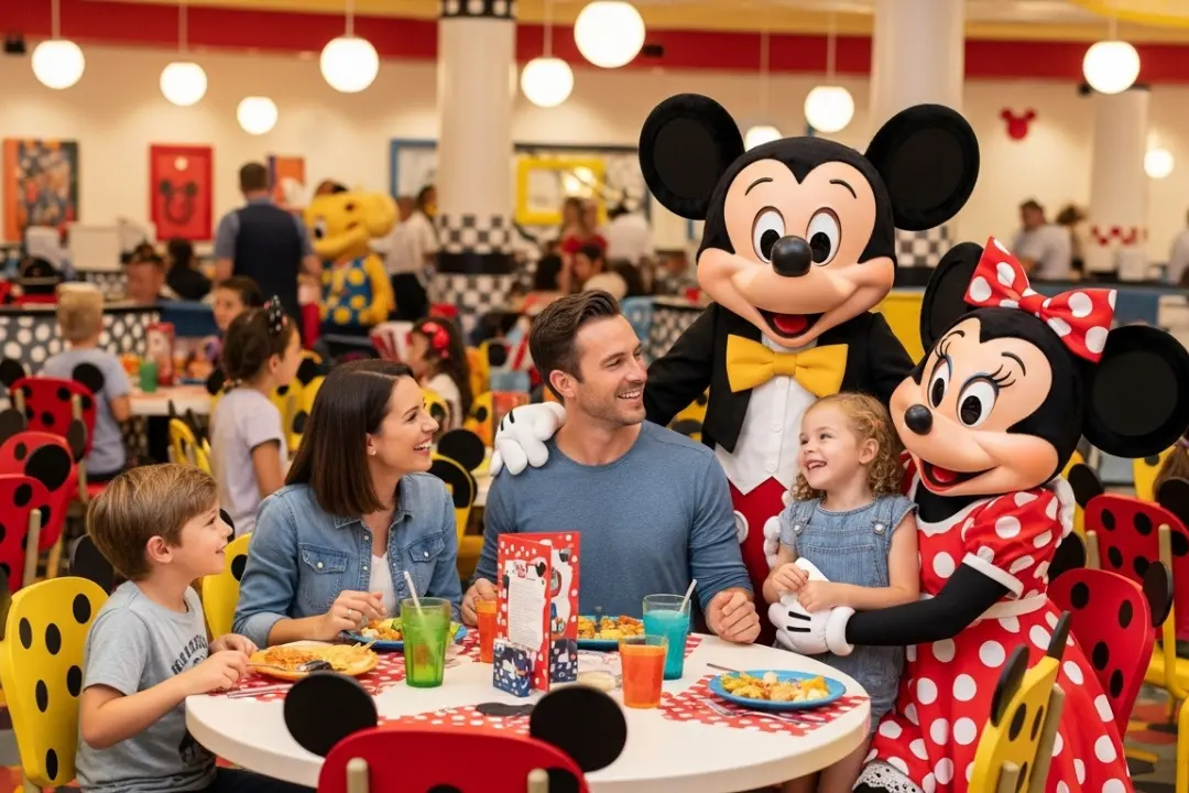 Familia feliz almorzando con Mickey y Minnie Mouse para descubrir los mejores sitios donde comer en disneyland paris.