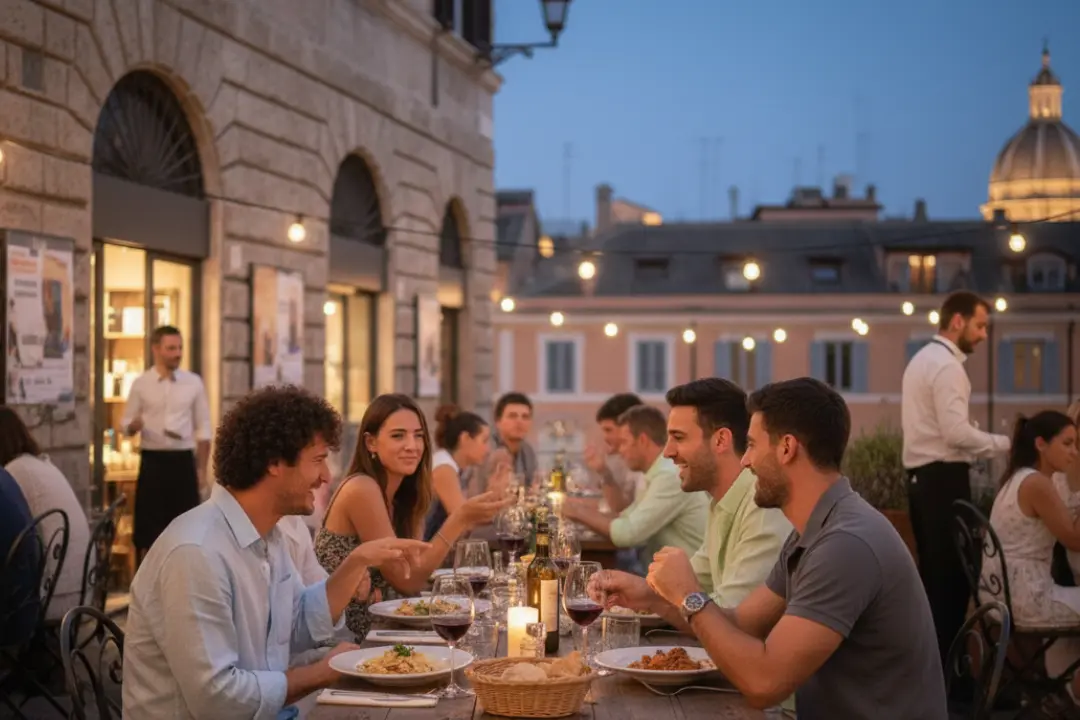 Grupo de amigos cenando pasta y vino en una terraza iluminada, buscando donde comer en Roma bien y barato con ambiente acogedor.