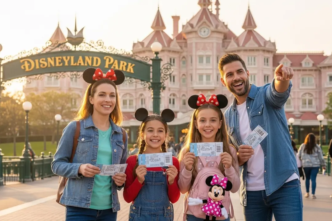 Familia sonriente frente al Disneyland Hotel mostrando sus pases tras saber donde comprar entradas disneyland paris.
