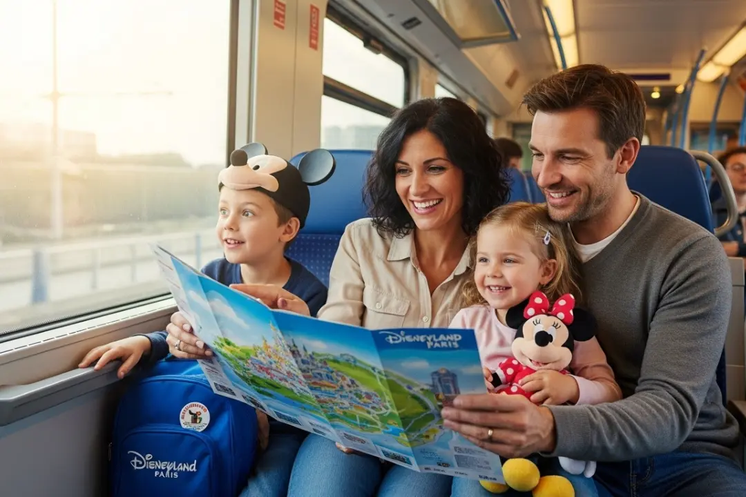 Familia feliz en el tren consultando un mapa tras descubrir donde comprar entradas disneyland paris.