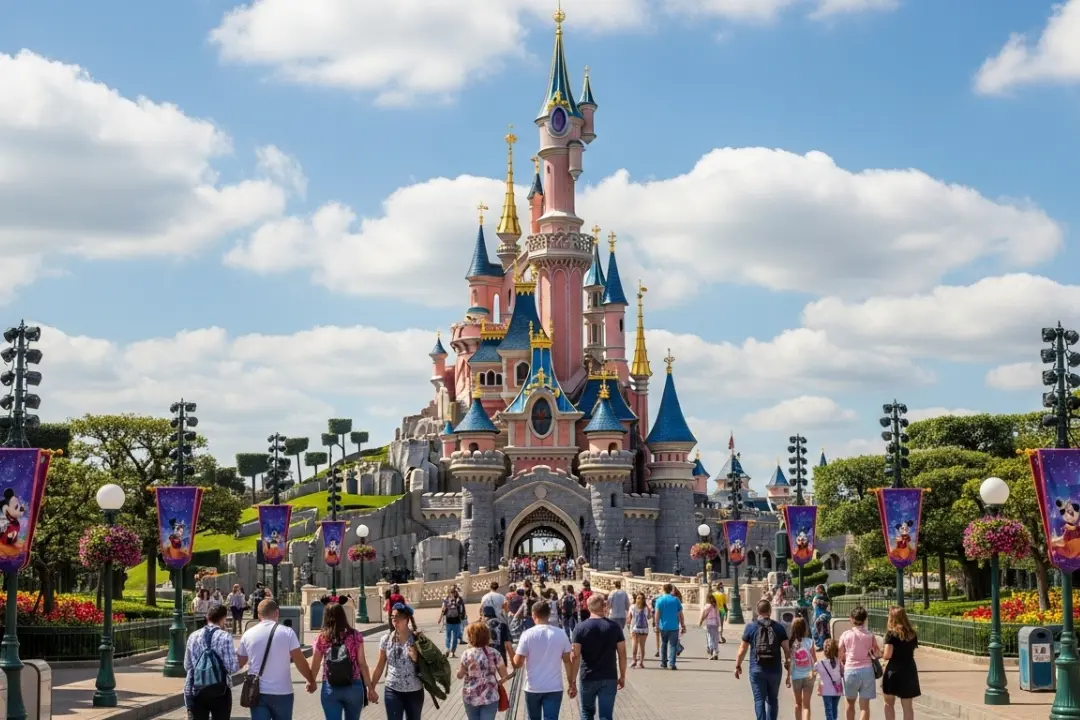 Multitud de turistas caminando hacia el Castillo de la Bella Durmiente para saber donde comprar entradas disneyland paris.