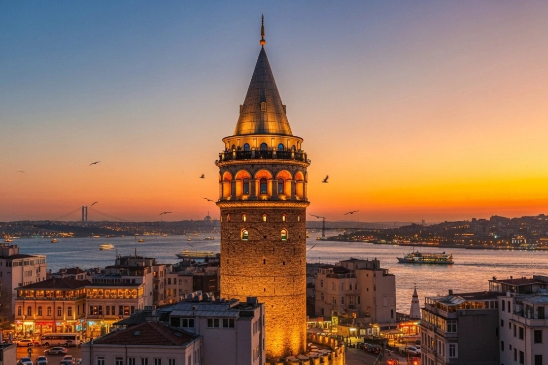 Torre de Gálata iluminada al atardecer sobre el Bósforo, uno de los mejores lugares que visitar en Estambul.