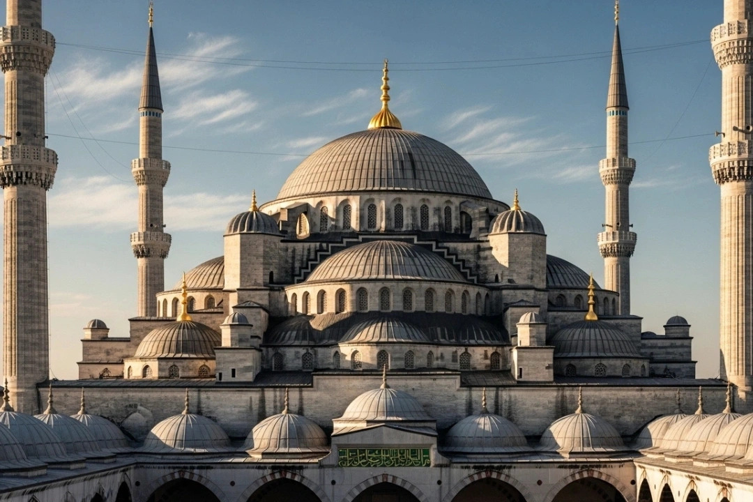Cúpulas y minaretes de la Mezquita Azul bajo el cielo, un icono imprescindible entre los lugares que visitar en Estambul.