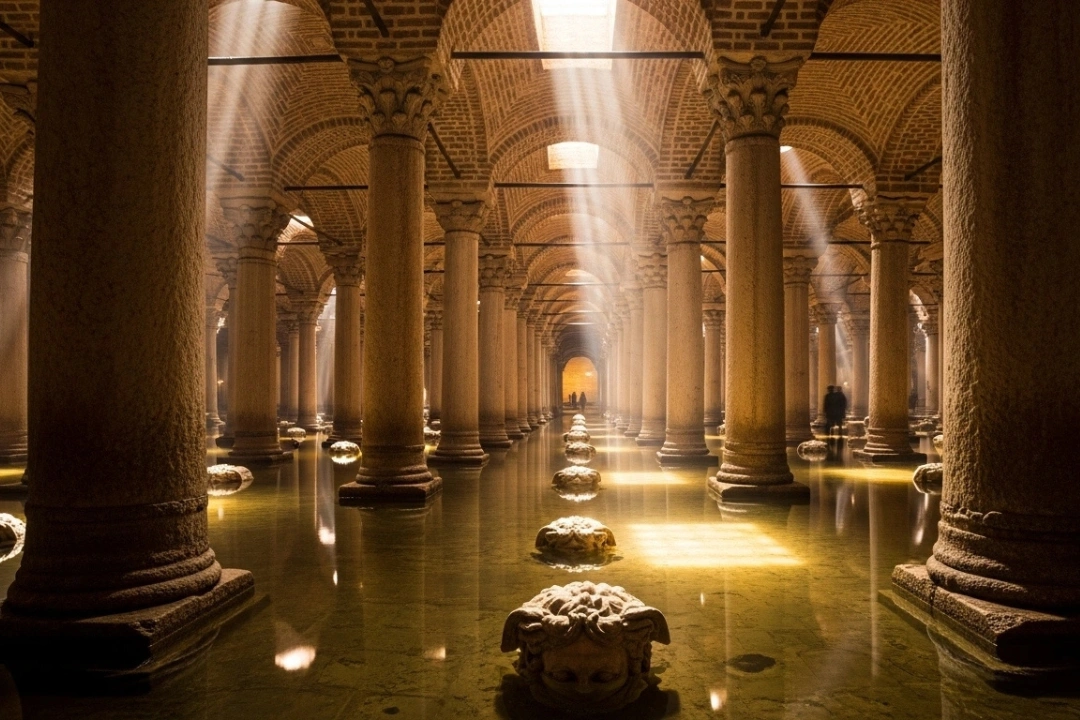 Columnas iluminadas de la Cisterna Basílica reflejadas en el agua, un sitio histórico entre los lugares que visitar en Estambul.