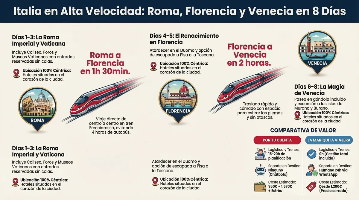 Ilustración de Mapa de ruta (Roma-Florencia-Venecia) para el Viaje a Italia Todo Incluido desde España