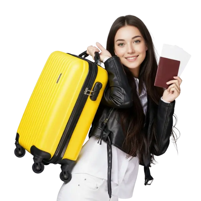 Chica joven con maleta para ir de viaje con la Agencia La Mariquita Viajera